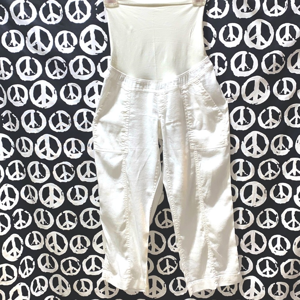 A PEA IN THE POD WHITE LINEN/SPANDEX MATERNITY CARGO PANTS SZ S